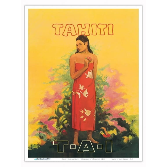 Tahiti French Polynesia - Tahitian Beauty - TAI Airlines - Vintage Airline Travel Poster by V. Schiavone c.1955 - Master Art Print (Unframed) 9in x 12in