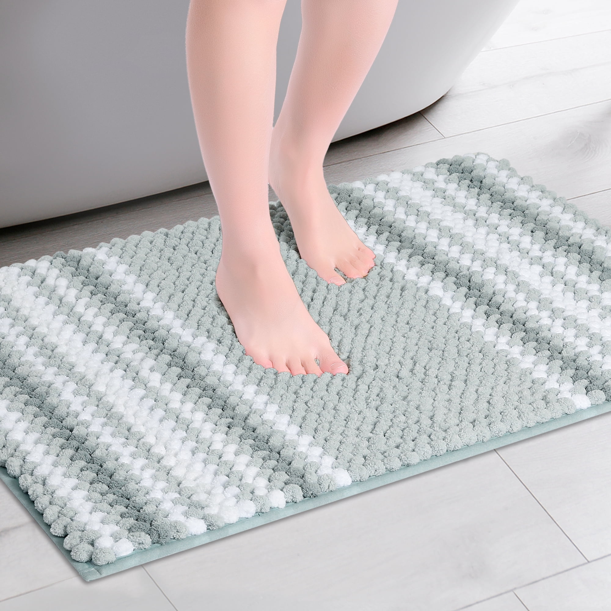 Unique Bargains 2 Pcs Soft Absorbent Fluffy Chenille Bath Mats Striped Non Slip Rugs Green Blue 20" x 32"