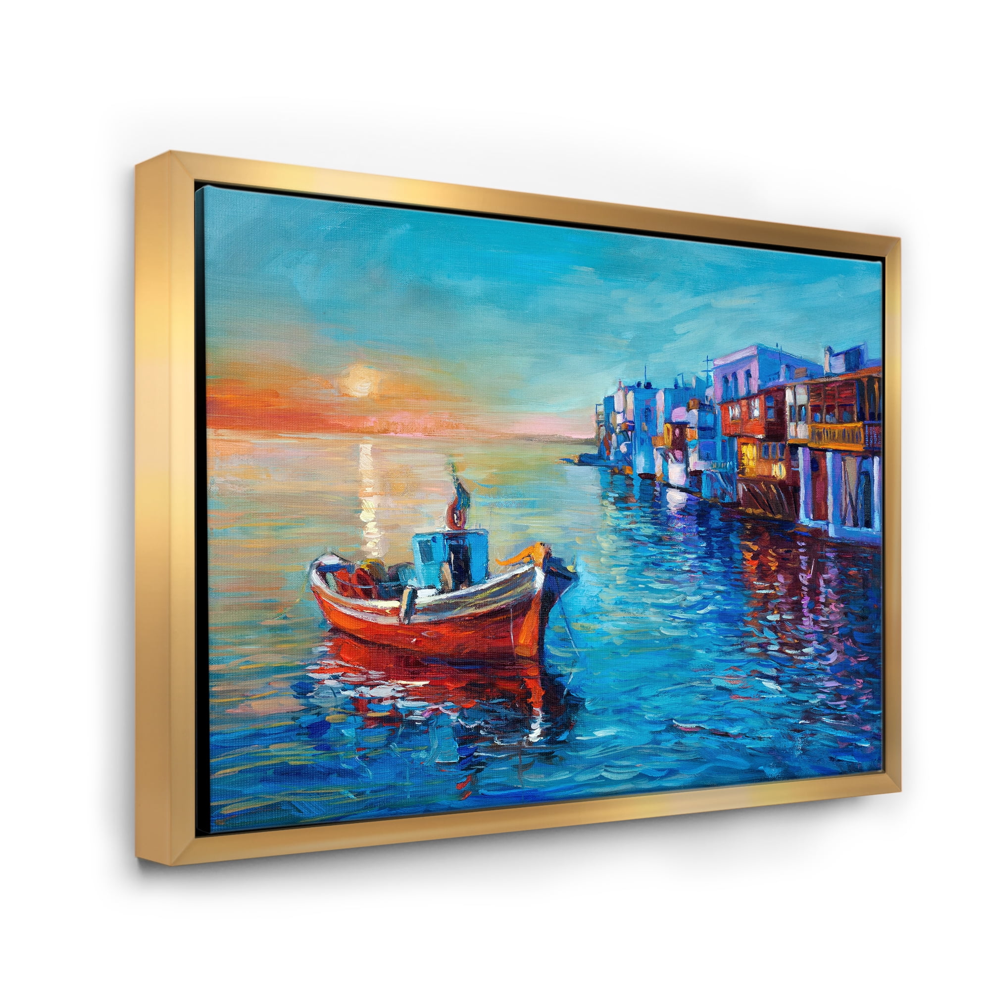 Boats Near Coastal Town Resting On The Water I 32 in x 24 in Framed Painting Canvas Art Print, by Designart