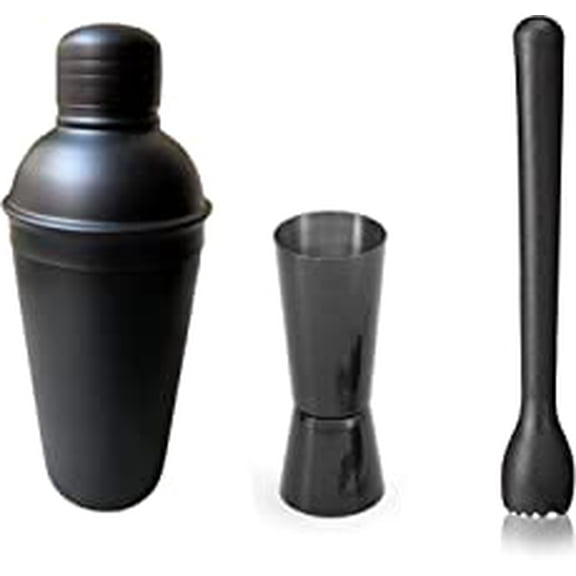 SynSpiritStore Stainless Steel 3 Pcs Bartender Set- Full Black Matte Cocktail Shaker- 750 ml, Black Muddler, Black Tall Peg Measure- 30/60 ml- Set of 3 Bar Set