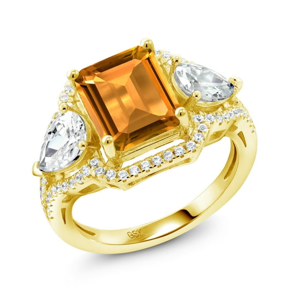 Gem Stone King 18K Yellow Gold Plated Silver Yellow Citrine Ring for Women (3.69 Cttw, Emerald Cut 10X8MM, Gemstone November Birthstone, Size 9)