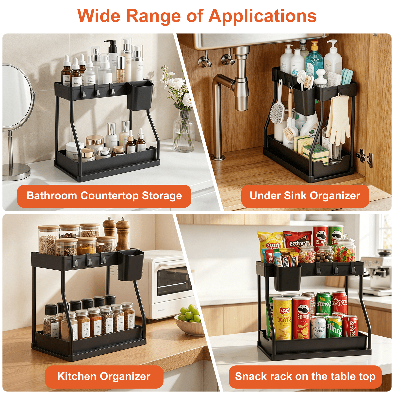 2 Pack Under Sink Organizer, 2 Tier L-Shaped Pull Out Cabinet Organizer for Kitchen and Bathroom, Space Saving Sliding Drawer Storage Rack, Durable Plastic Narrow Space Shelves, Black