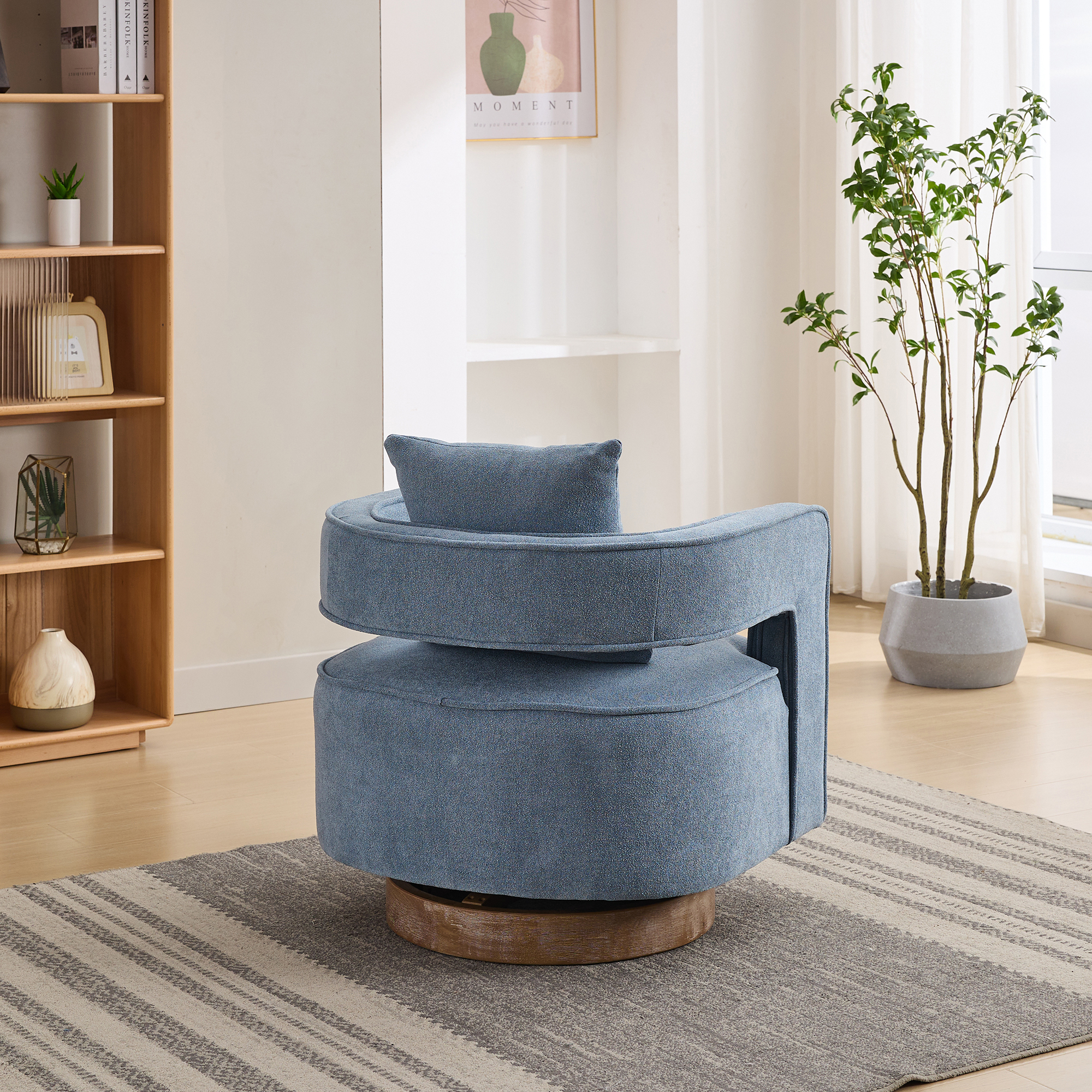 Leumius Swivel Accent Chair with Open Back,Modern Single Sofa Chair With Weathered Base for Nursery Bedroom Living Room Hotel Office, Club Chair Leisure Arm Chair for Lounge,Blue Linen Blend