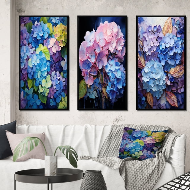 Designart "Blue Purple Hydrangea Petals In Flow" Floral Framed Wall Art Set Of 3 - Blue Hydrangea Frame Gallery Wall Set For Home Decor