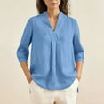 thumbnail image 5 of RYRJJ Cotton Linen Shirts for Women Dressy Casual 3/4 Sleeve V Neck Tunic Tops Loose Summer Trendy High Low Hem Blouses(Light Blue,XL), 5 of 8