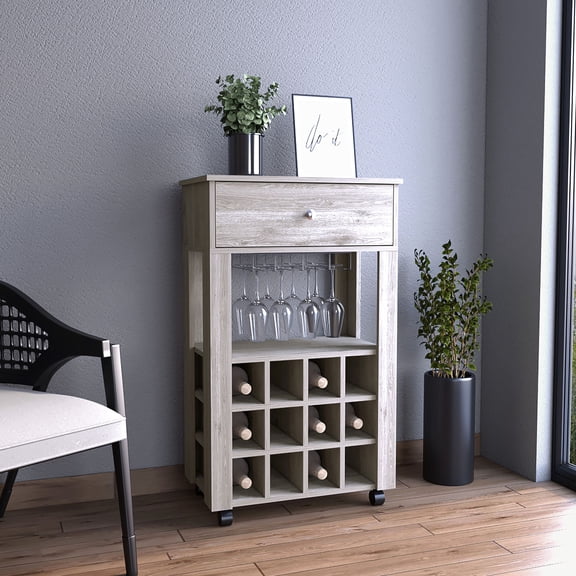 Mobile Gray Bar Cart / 12 Wine Racks and Drawer for Organized Storage