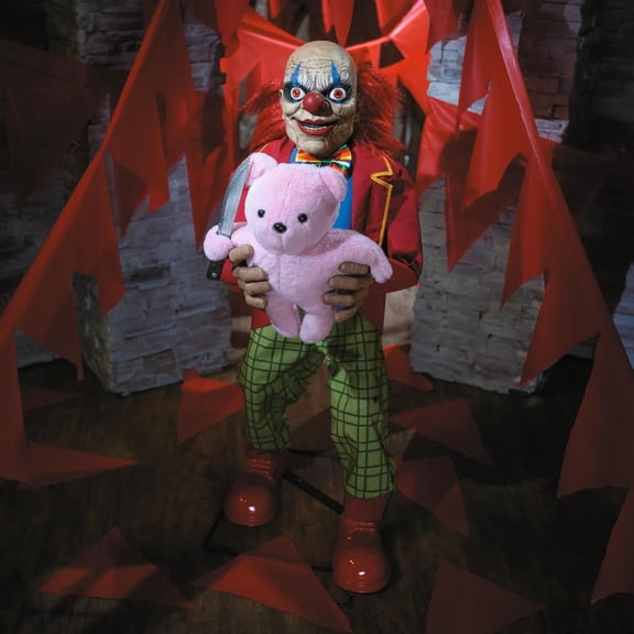4 Ft. Animated Creepy Clown with Pink Bear Halloween Decoration