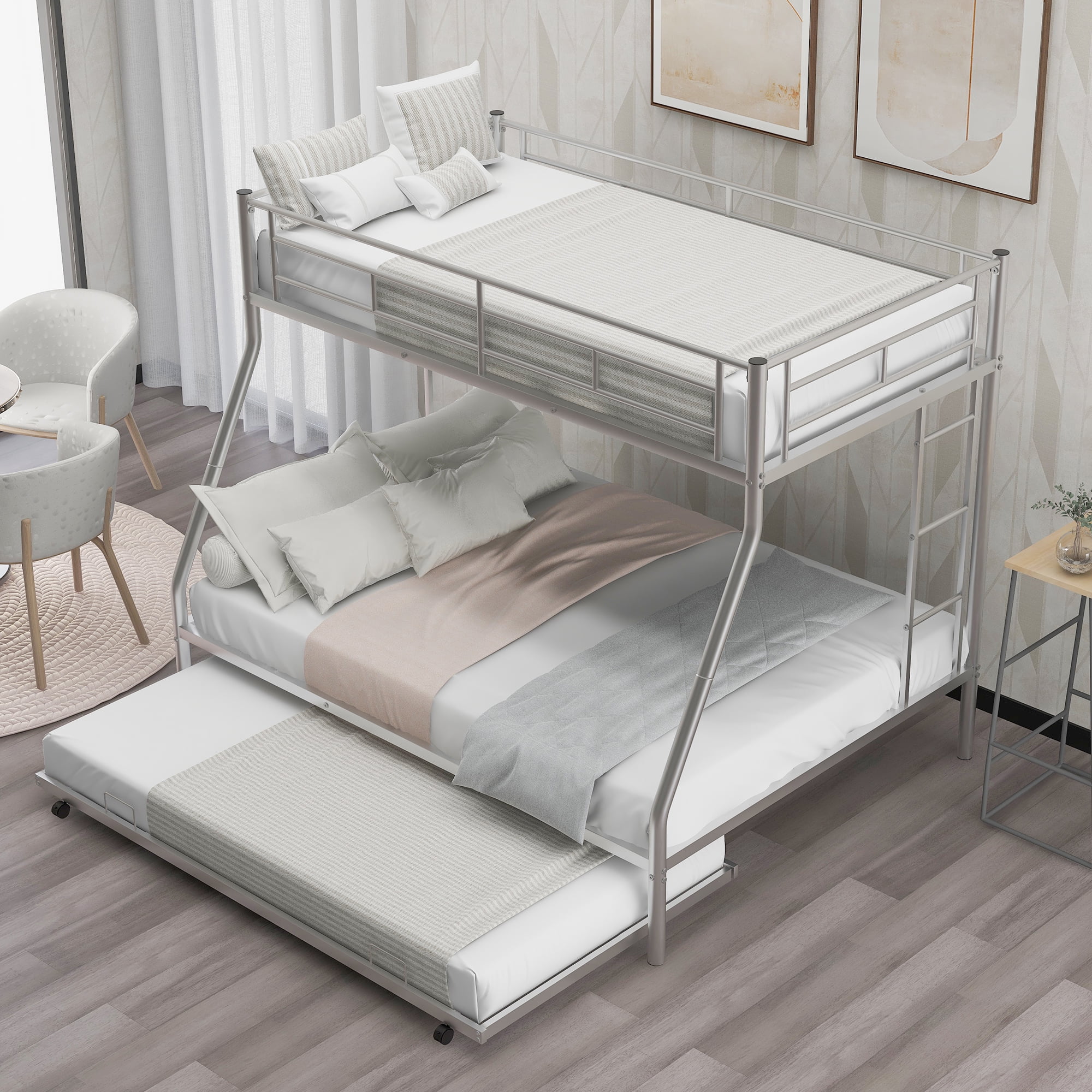Euroco Metal Twin over Full Bunk Bed with Moveable Trundle & 2 Ladders for Bedroom, 3 Beds for Kids Teens Adults and Guests, Silver