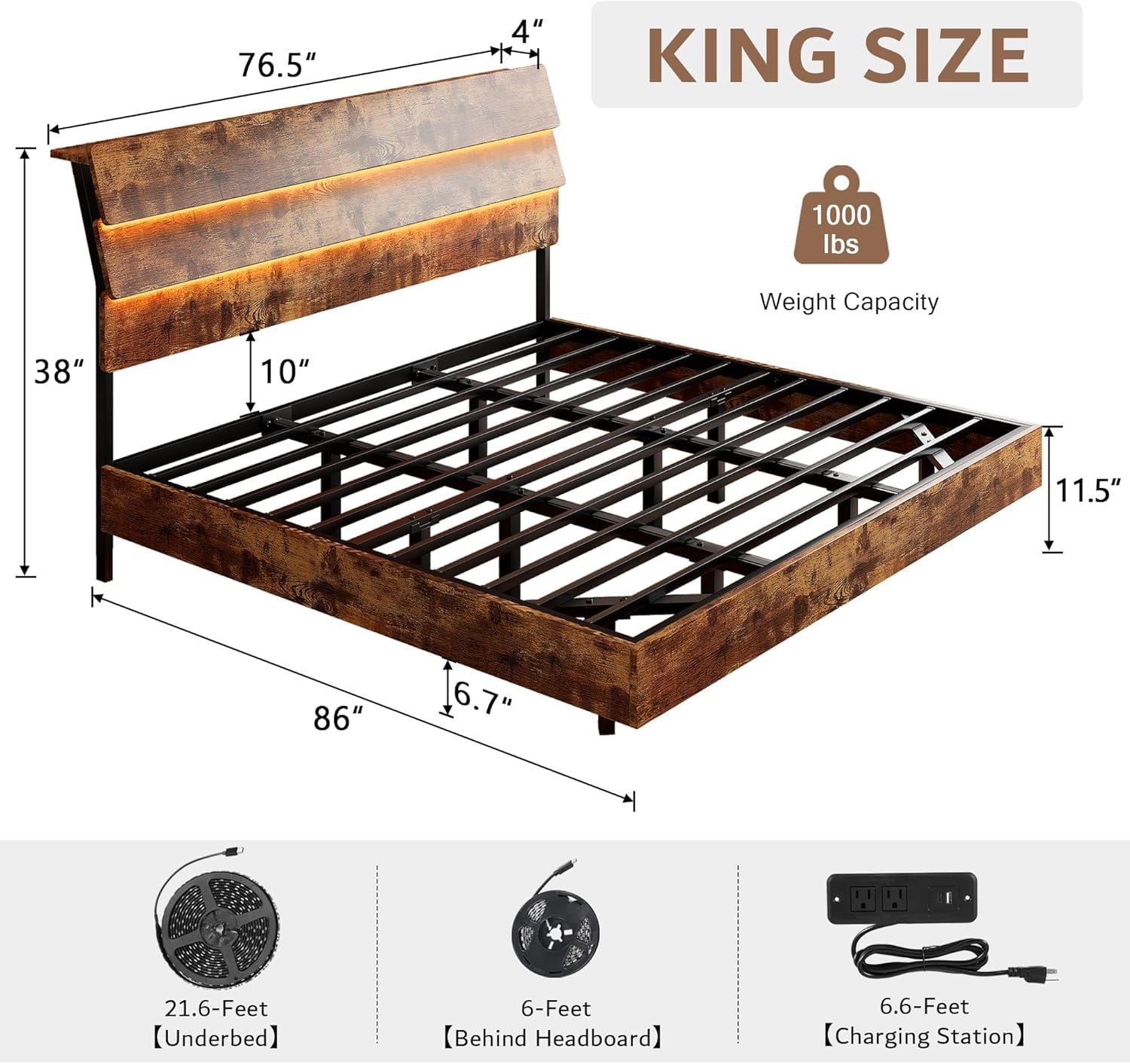Honfach Floating King Size Bed Frame with LED Lights & Charging Station, Platform Bed with Wooden Storage Headboard, Steel Slats Support,Vintage Brown