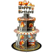 Firefighter Party Decoration Cupcake Stand 3 Tier Fire Truck Cupcake Tower Cardboard Happy Birthday Dessert Holder Pastry Platter for Kids Adult Firefighter Theme Birthday Party Decor Supplies