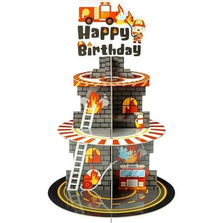 Firefighter Party Decoration Cupcake Stand 3 Tier Fire Truck Cupcake Tower Cardboard Happy Birthday Dessert Holder Pastry Platter for Kids Adult Firefighter Theme Birthday Party Decor Supplies