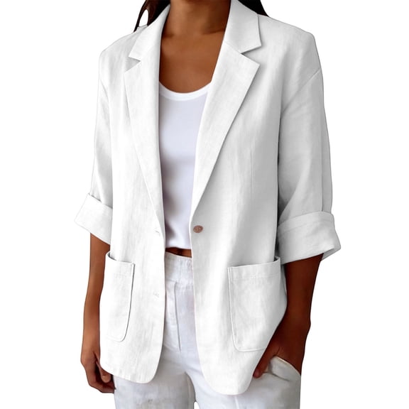 Linen Blazer Jacket for Women Lightweight 3/4 Sleeve Casual Work Office Summer Breathable Dressy Coat Outfits with Pockets White 3XL