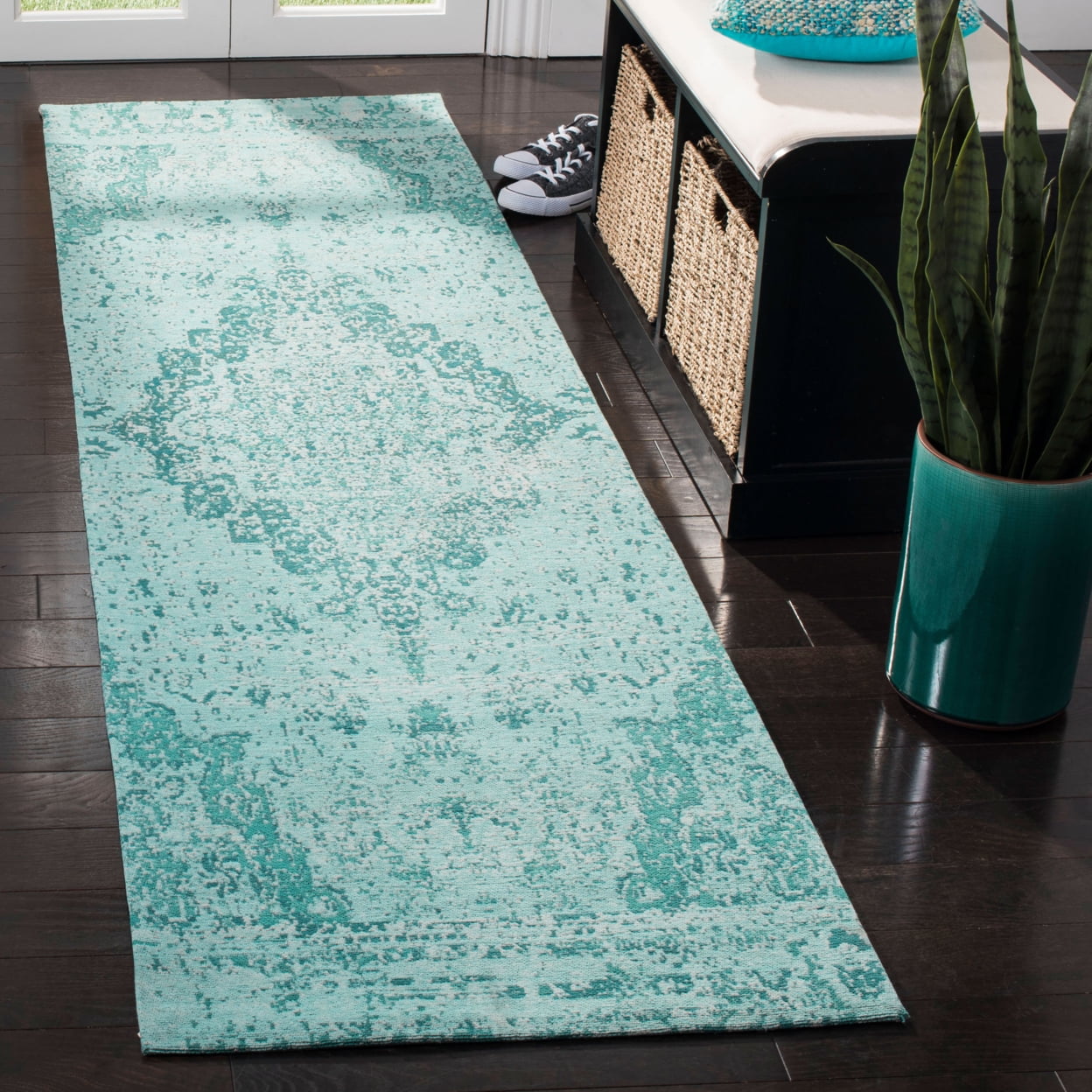 SAFAVIEH Classic Vintage Tris Floral Bordered Polyester Runner Rug, Teal, 2'3" x 8'