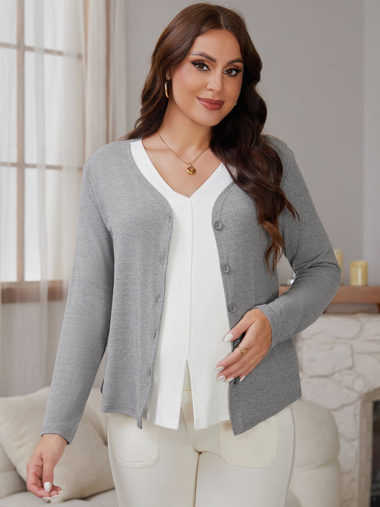 DARING DIVA Women's Nursing Maternity Faux Knit Postpartum Shirt 2-Piece S Gray