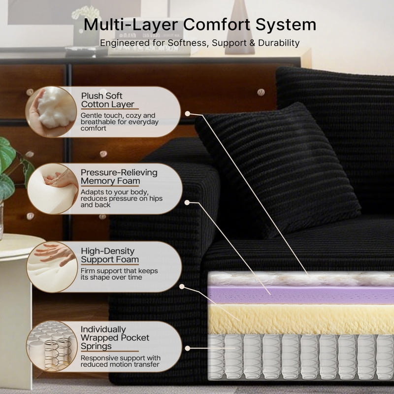 2-Seater Boneless Upholstered Sofa, No Assembly Sleeper Couch, Memory Foam Loveseat with Throw Pillow