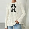 thumbnail image 2 of Women's Crew Neck Bowknot Decor Cable Knit Drop Shoulder Long Sleeve Casual Pullover Sweater Ribbed KnitCardigan Outerwear Valentine's Day Tops Fall Warm Outfits, 2 of 6