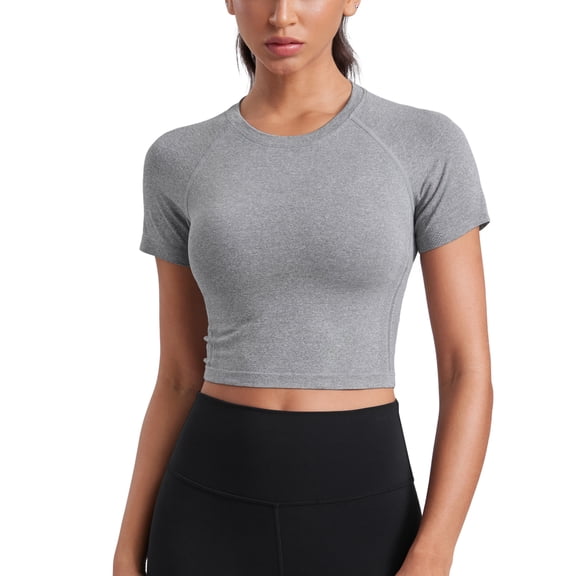 CRZ YOGA Seamless Crop Workout Tops for Women Athletic Running Gym Yoga Short Sleeve Shirts Basic