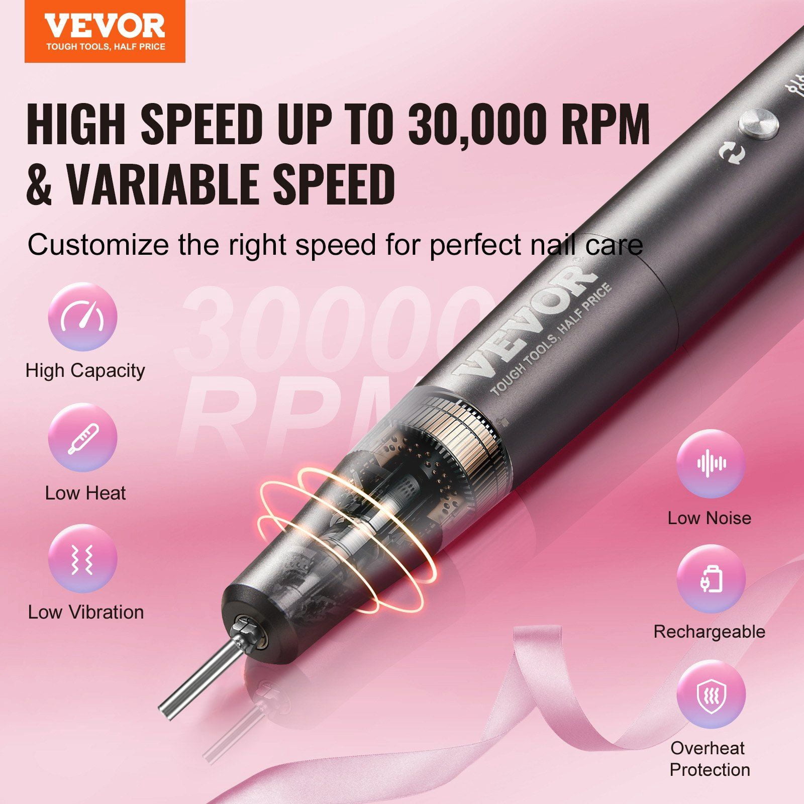Electric Cordless Nail Drill 30000RPM Variable Speed Rechargeable E File Machine Portable Manicure Pedicure Polisher with 50 Sanding Bands for Dead Skin Removal and Nail Smoothing