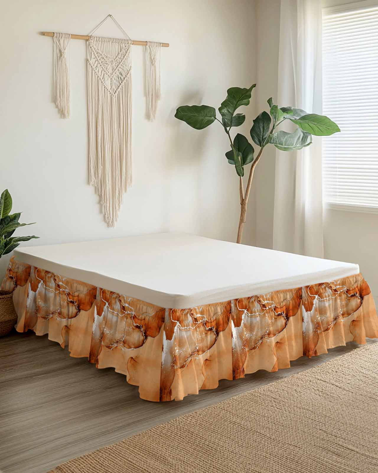 Burnt Orange Abstract Bed Skirt California King Size 18" Drop Silver Marble Ripples Luxury Fluid Art Ruffled Wrap Around Bed Skirts Adjustable Elastic Bedskirt Dust Ruffle for California King Beds