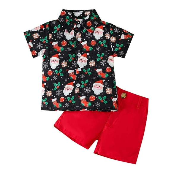 PINQI Fashion Clothing Sets for Baby Toddler Kids Baby Boy Santa Deer Print Short Sleeve T Shirt Red Shorts Gentleman Suit Xmas 2pcs Outfits Set(Black,1-2 Years)
