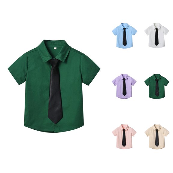 Boys Girls Dress Shirt with Tie Summer Short Sleeve Button Down Lapel Collared Plain Tshirts with Chest Pocket