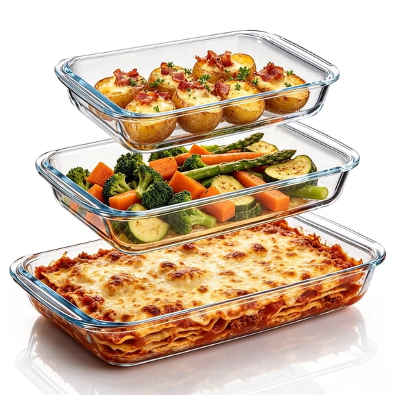 Vesteel 3-Piece Glass Baking Dish Set, Rectangular Baking Tray with Handles, Non-Stick Kitchen Bakeware Set Casserole Dishes for Prepping and Baking, Heat-Resistant & Oven Freezer Dishwasher Safe