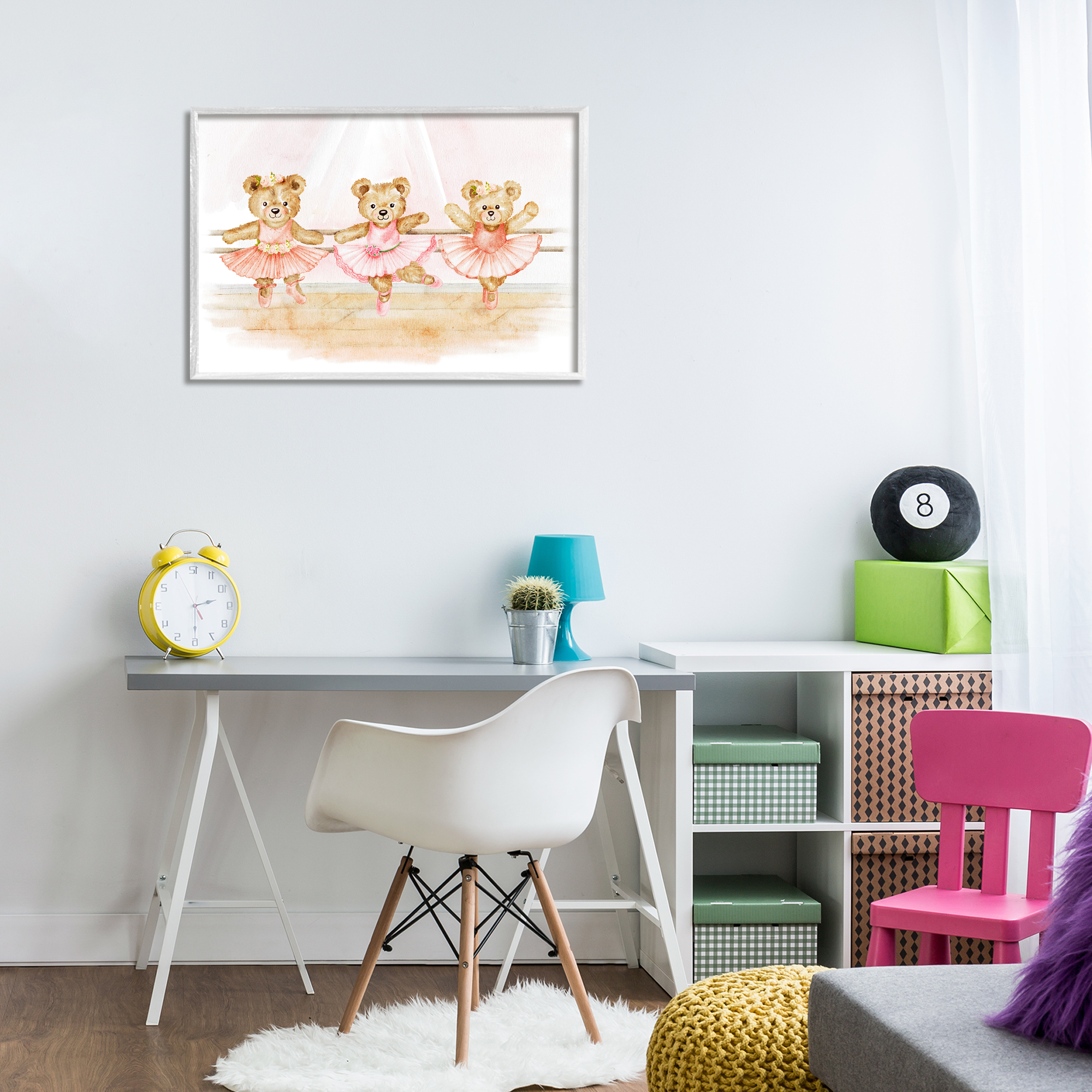 Ballet Teddies Triplet White Framed Giclee Art, design by Amy Hall