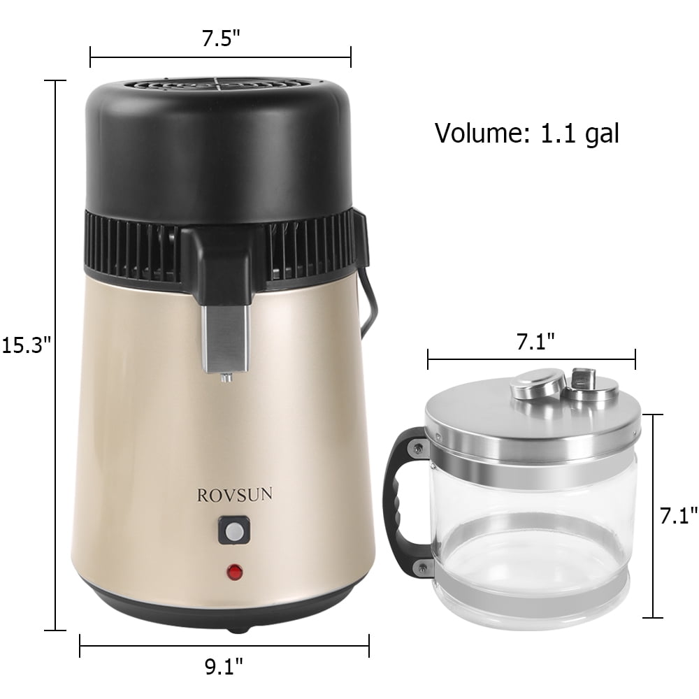 ROVSUN【Upgraded】4L Countertop Water Distiller Machine Stainless Steel for Home, 750W Distilled Water Maker with Glass Container, 1L/H, Golden