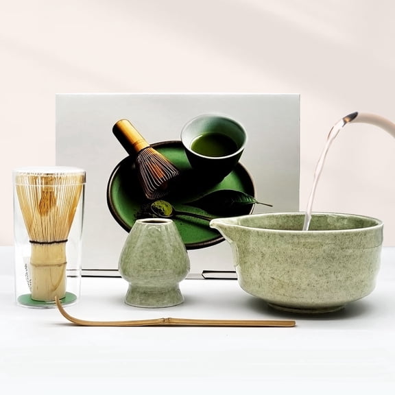 4 Pcs Matcha Whisk Set, Ceramic Matcha Kit Set Includes Matcha Bowl, Bamboo Scoop, Matcha Whisk and Holder-for Matcha Lovers（Mottled Green）