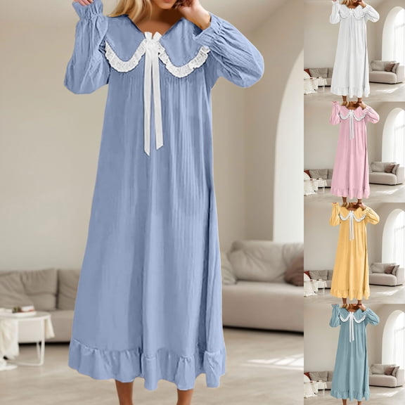CAIXIA Long Nightgowns For Women, Brushed Back Satin, Long Sleeves and Button Top, Neckline Details, Sleepwear Loungewear