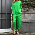 thumbnail image 3 of Cuhas.CA Tenues de Voyage pour Femmes Femmes Col Ras du Cou Couleur Unie Décontracté Coton Lin Ensemble Haut à Manches 3/4 et Pantalon Survêtements pour Femmes 2 Pcs, 2TG, 3 of 8