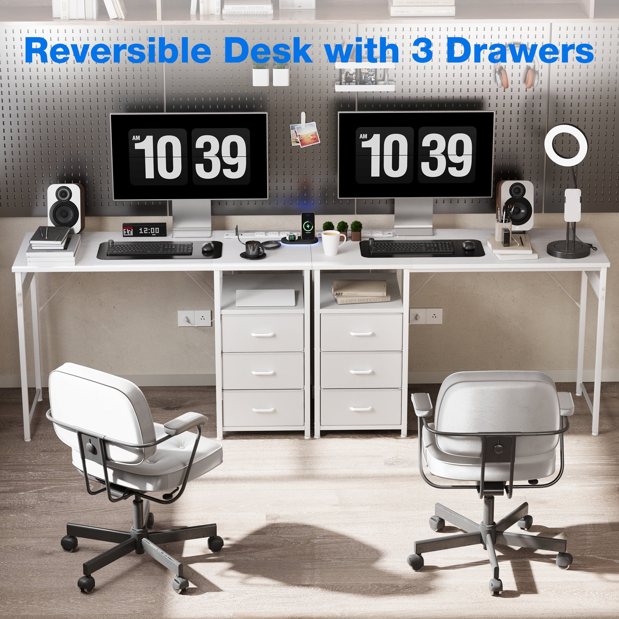 48 inch Computer Desk with Power Outlets, Home Office Desk with 3 Drawers, Writing Desk, Vanity Desk for bedroom, White