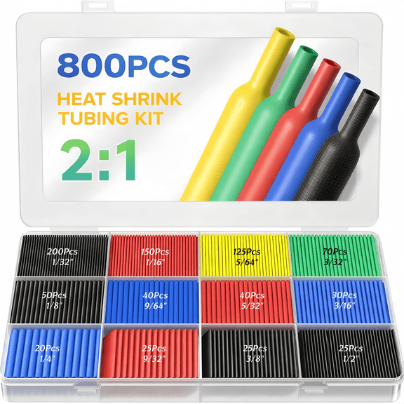 ChrumpTon 800 Pcs Heat Shrink Tubing Kit with Case, 2:1 Shrink Ratio, 5 Colors, 12 Sizes, Insulated Wire Tubing for Electrical Repair, Cable Bundling & DIY Use