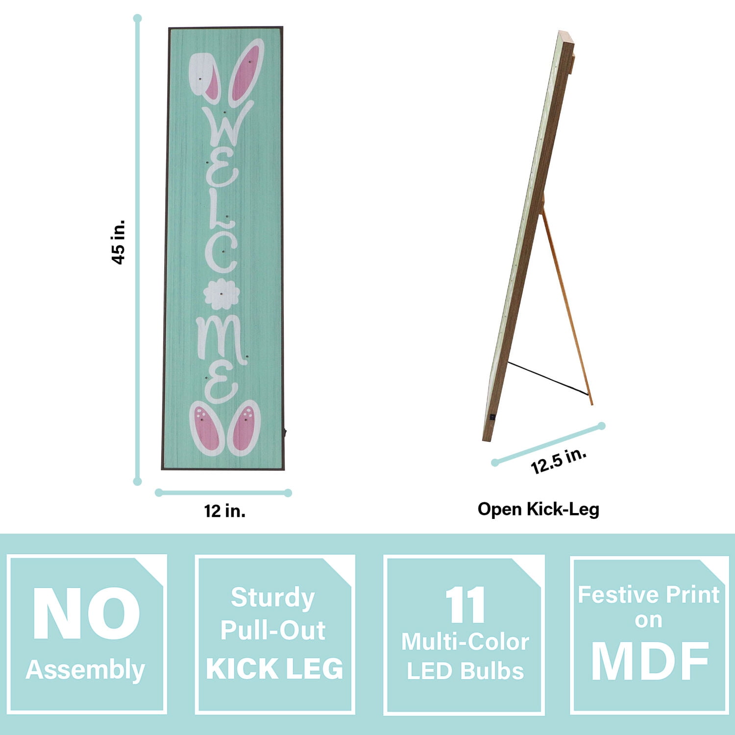 45-In. WELCOME Porch Leaner Sign with Battery-Operated LED Lights and Bunny Ears, Festive Spring Decoration, Blue