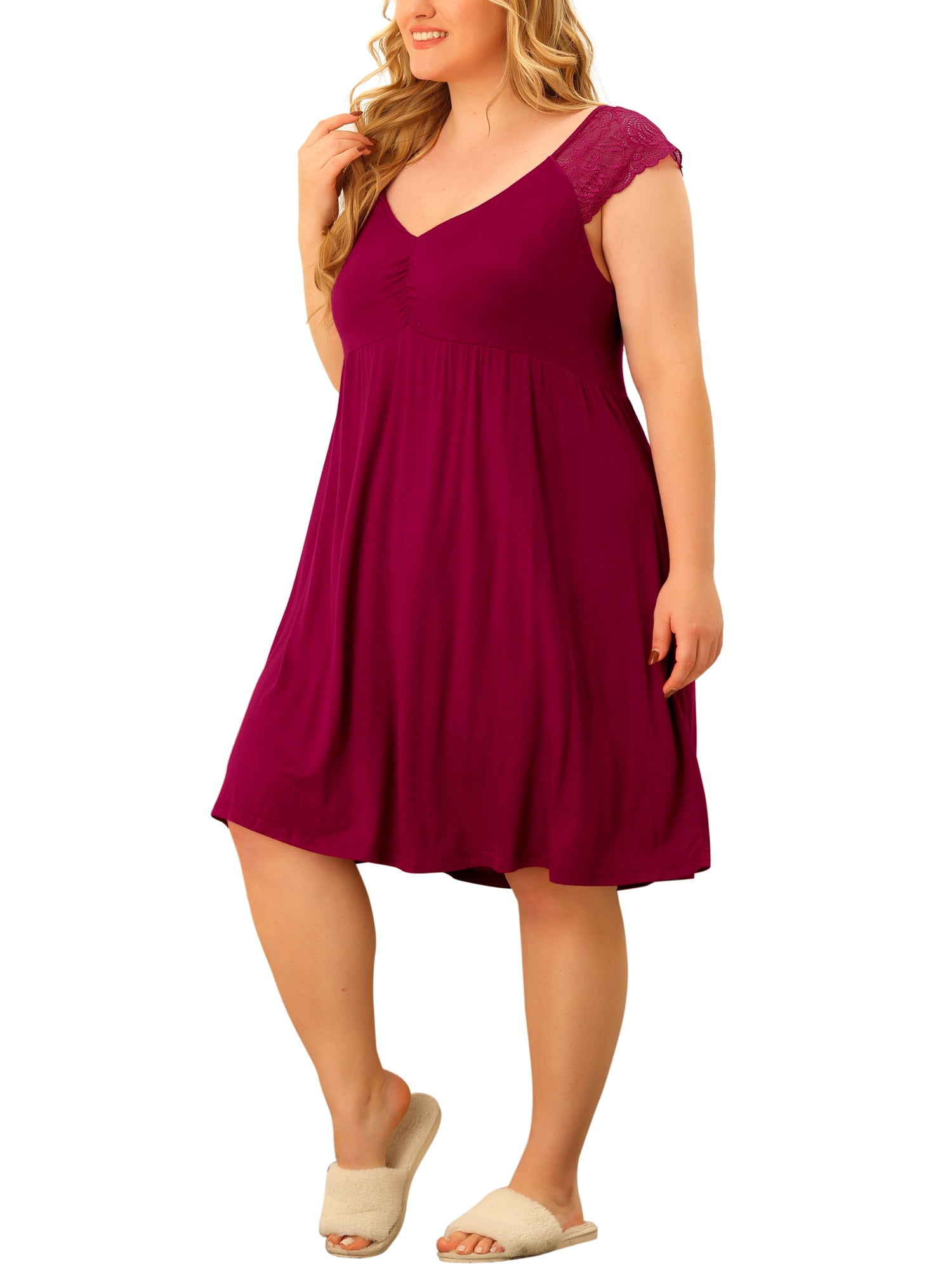 Unique Bargains Women's Plus Size Nightgown Sleepwear Lace Cap Sleeve Loungewear