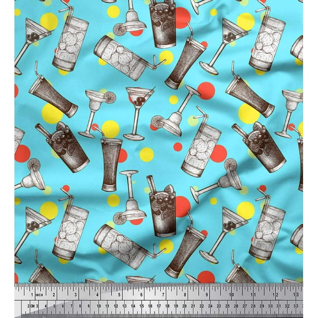 Soimoi Blue Modal Satin Fabric Dot & Soft Drinks Summer Designs Decor Fabric Printed Yard 42 Inch Wide
