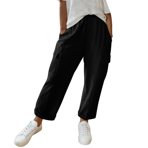 ctdiral Womens Cotton Cargo Pants Elastic Waist Straight Trousers Solid Color Ankle Length Pants with Pockets Summer Casual Going Out Pants Black XXL