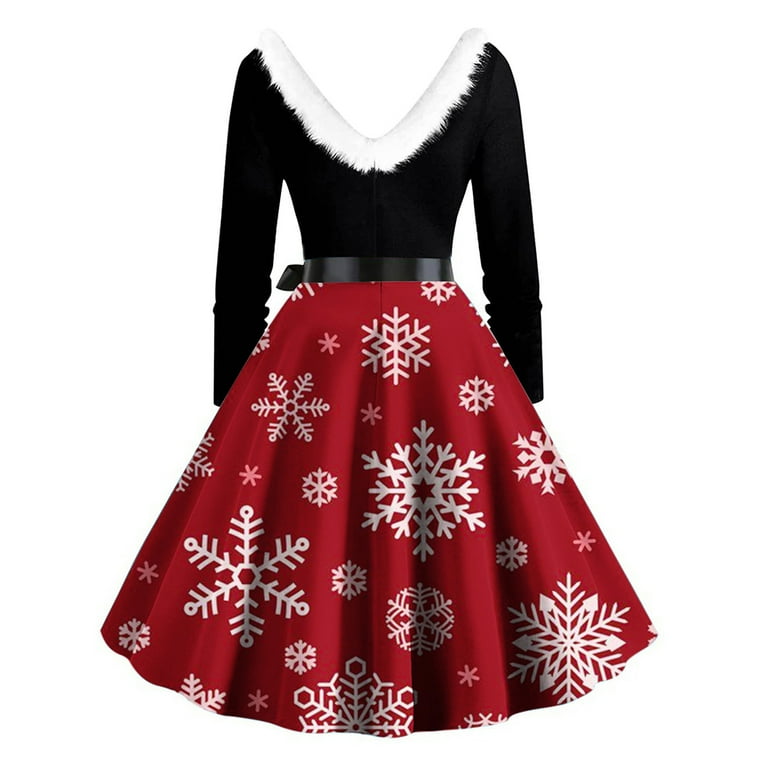Aoochasliy Casual Christmas Dresses Women Swing Dress Long Sleeve Xmas  Printed V-Neck Retro Dress - Walmart.com
