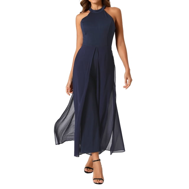 INSPIRAR CHIC Mono Elegante de Mujer con Cuello Halter Sin Mangas Mono Formal de Pierna Ancha XS Azul Oscuro