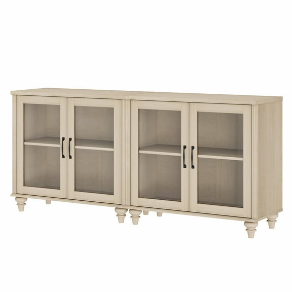 Light Beige Buffet Cabinet with 4 Glass Doors, Kitchen Storage Cabinets with Adjustable Shelf, 68 inch