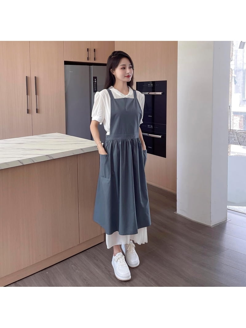 Pinafore Apron Dress，Japanese Cotton Linen Cross Back Apron for