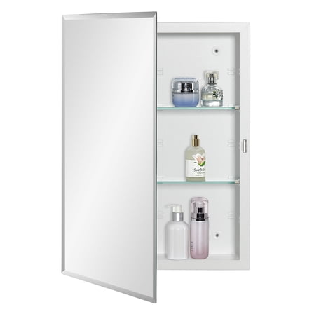 Bathroom Medicine Cabinet with Beveled Edge Mirrored Door 16 x 22 inch, Recessed or Surface Mount, with Adjustable Glass shelves