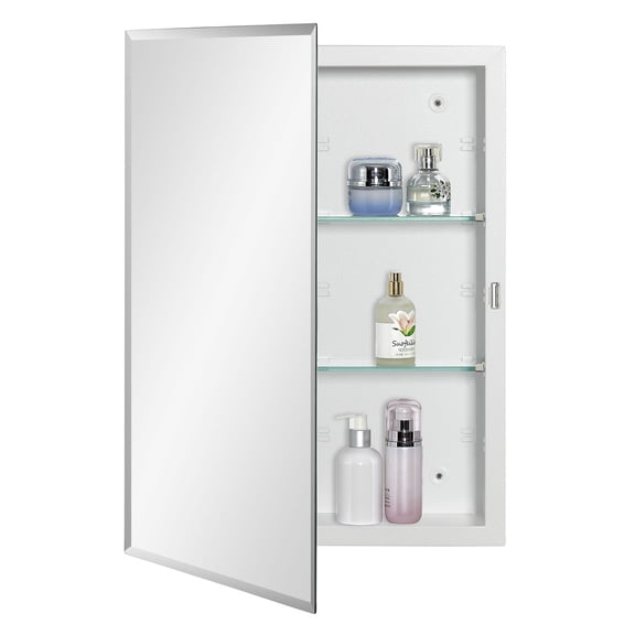 Bathroom Medicine Cabinet with Beveled Edge Mirrored Door 16 x 22 inch, Recessed or Surface Mount, with Adjustable Glass shelves