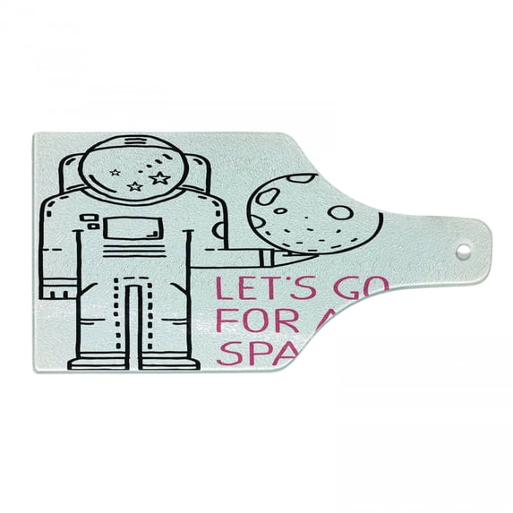 Outer Space Cutting Board, Space Walk Words with a Man Romance Love in Stars Minimalist Design Image, Tempered Glass Cutting and Serving Board, Wine Bottle Shape, Black and Pink, by Ambesonne