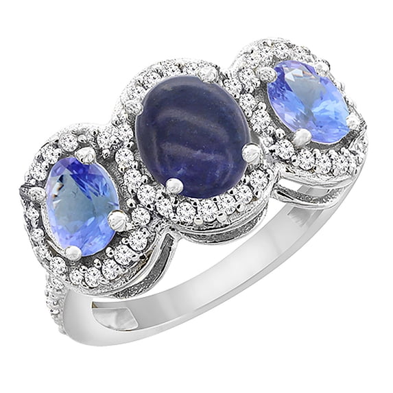 14K White Gold Natural Lapis & Tanzanite 3-Stone Ring Oval Diamond Accent, size 5.5