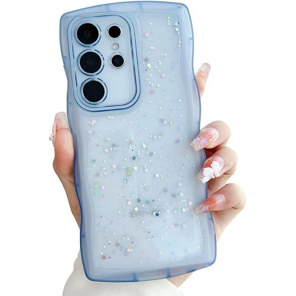 Glitter Curly Wavy Clear TPU Case Compatible with Samsung Galaxy Case (Galaxy S21 FE,Blue)