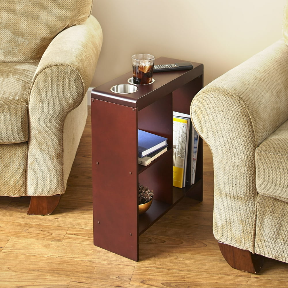 Slim End Table with Drink Holders and Builtin Shelving