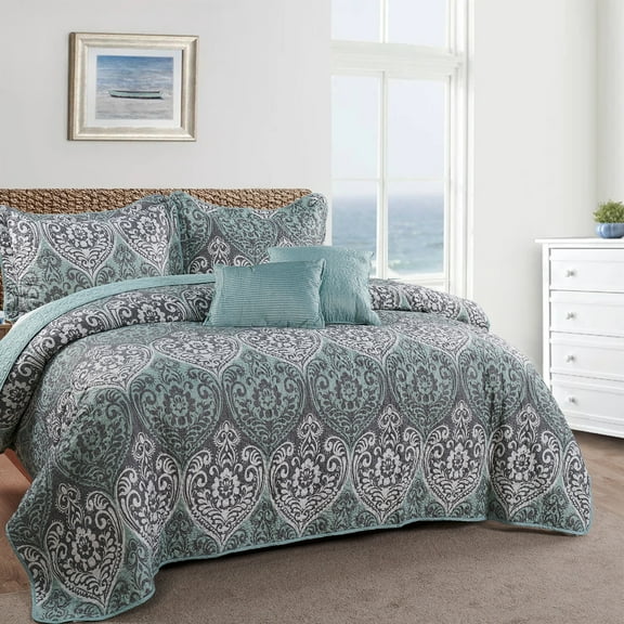 Home Soft Things 5 Piece Printed Microfiber Quilts Set - Kingston Damask-Queen (90" x 90")