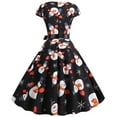 thumbnail image 4 of Fesfesfes Christmas Women Gowns Bandage Retro Print Short Sleeve Evening O-Neck Party Prom Vintage Dress Under $10, 4 of 9