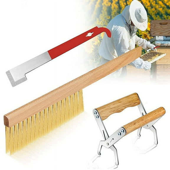 Bee Hive Tool for Beekeepers,Include J Hook Frame Lifter ,Bee Hive Frame Grip Holder Lift,Wooden Beekeeping Brush